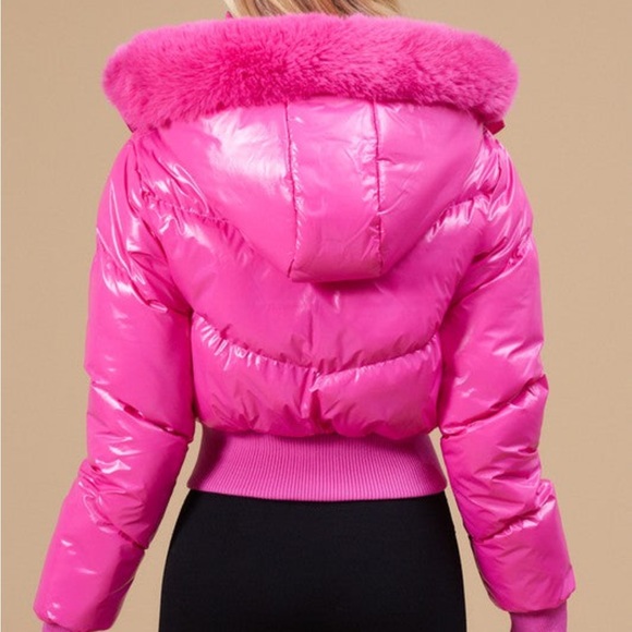 Shiny Pink Faux Fur Trim Puffer Jacket - Picture 2 of 4